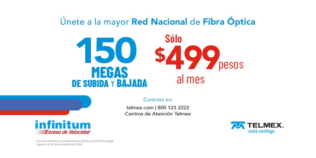 infinitum's tweet image. Haz que tu Internet sea más rápido y estable con la Red de Fibra Óptica más grande de México. 🌐Contrata tu Paquete Infinitum 👉🏻 bot.ax/paquete-infini… ​
#Infinitum #ExcesoDeVelocidad #FibraÓptica