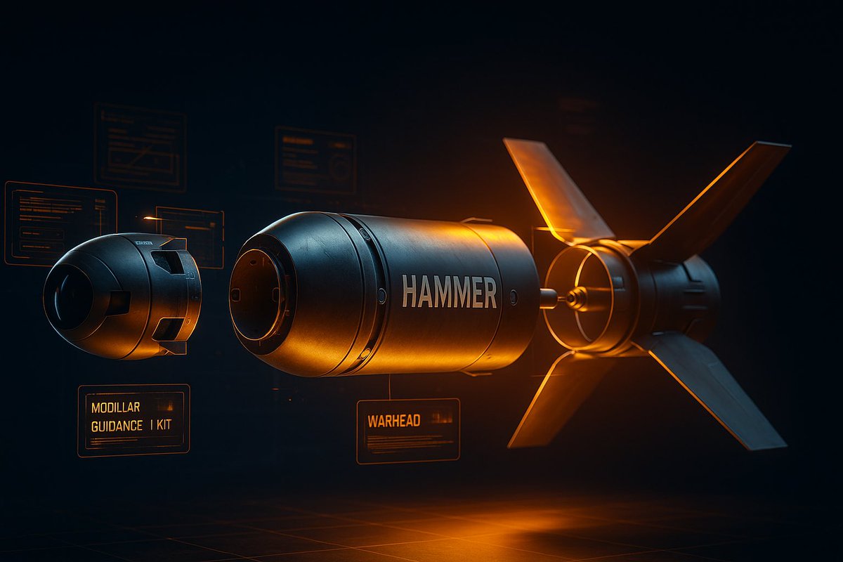 DefenseNewsIN's tweet image. 1️⃣ /3 — What is HAMMER?

HAMMER = Highly Agile Modular Munition Extended Range.
A French precision stand-off weapon for deep-strike missions:
• Modular guidance (INS/GPS + seeker options)
• 60–70 km stand-off range
• Multiple warheads (penetrator, anti-runway, blast-frag)
•…