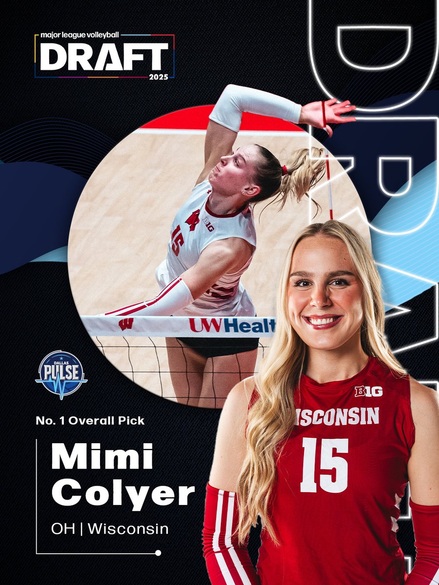 mlvolley's tweet image. With the 1st overall pick of the 2025 MLV Draft, @dallaspulsevb have selected Mimi Colyer, OH @BadgerVB 

#MLVDraft