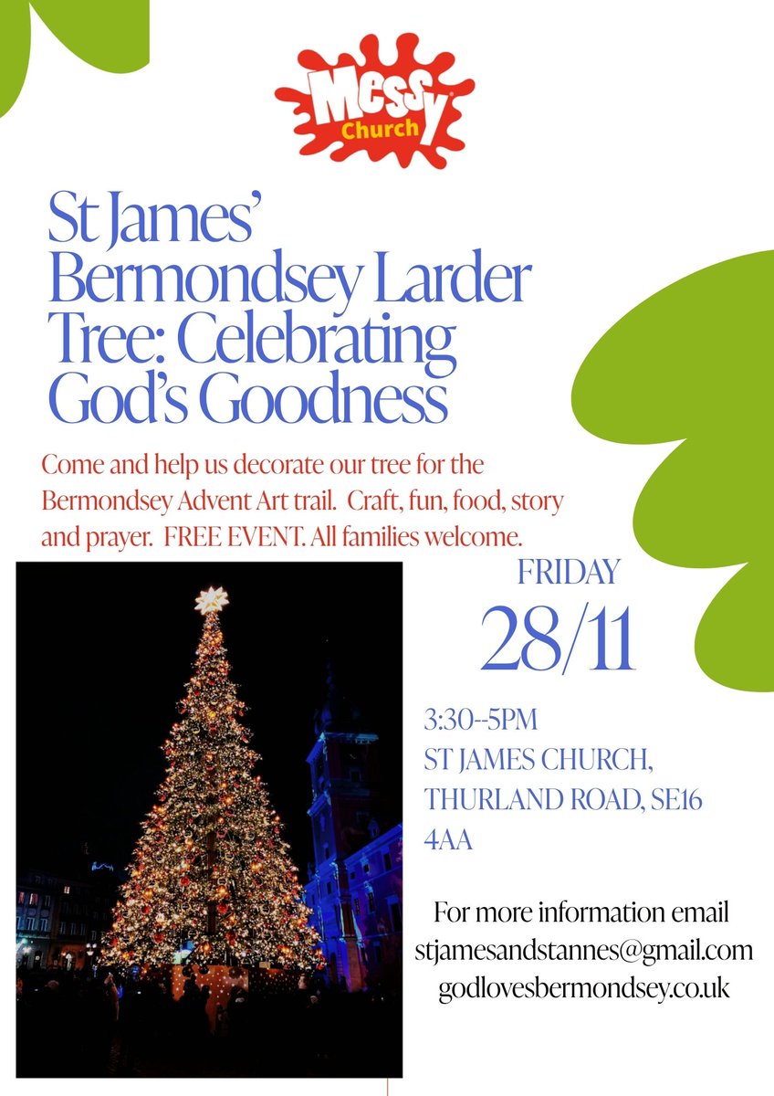 Part of this year's exciting BERMONDSEY FESTIVE WINDOWS project

Free family workshop creating the church's XMAS tree decorations! 

St James Church, Bermondsey 
28th Nov
3:30-5pm

Free for all families!

🎄⛪️ Come along and let's light up #Bermondsey this Xmas! 🎄⛪️

#Xmastree
