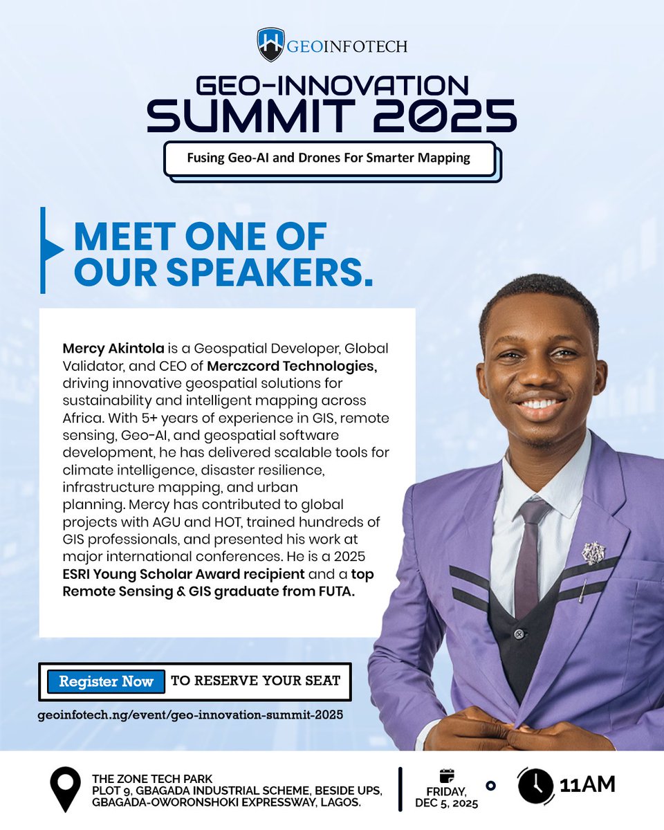 geoinfotechstor's tweet image. Lagos, are you ready? 🇳🇬 Drones. AI. Smart Mapping. The future is here.

Meet the powerhouses speaking at the #GeoInnovationSummit 
🔹 Mercy Akintola (Geo-AI Wizard 🧠) 
🔹 Femi Adekoya (The Flying Farmer 🚁)

 Ezra Olubi | Peller | Rinu | #Drones #SmartMapping #GIS