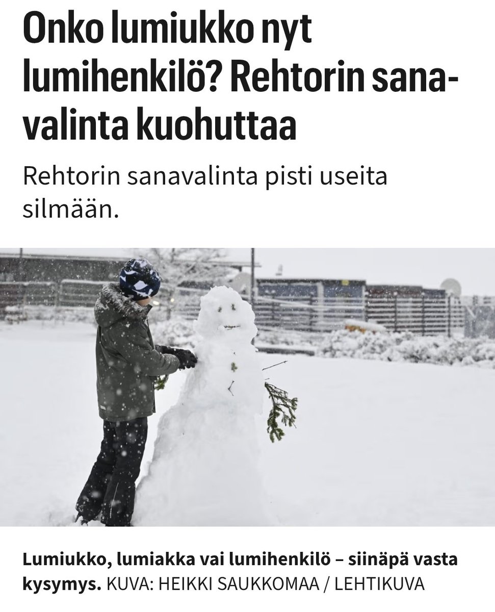 taskivei's tweet image. Lumiukko, lumiakka vai lumihenkilö – siinäpä vasta kysymys. Vastaus: Yks hailee. Lumihenkilö on hauskin.