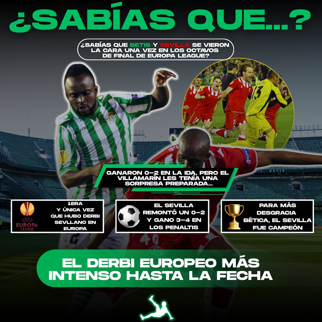 AgenteLibre_dig's tweet image. 𝐒𝐀𝐁𝐈́𝐀𝐒 𝐐𝐔𝐄́… ❓🔥

El Betis y el Sevilla se cruzaron una única vez en Europa, en unos octavos de Europa League que fueron pura locura sevillana ⚔🇪🇺.

💚 El Betis golpeó primero con un 0-2 en el Pizjuán.

❤‍ Pero en el Villamarín, el Sevilla firmó una remontada…