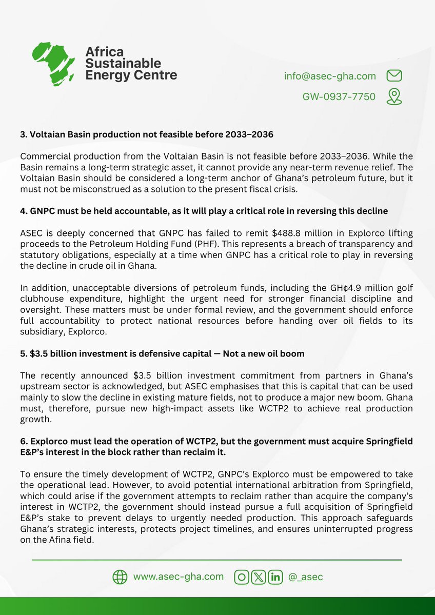 _asecgh's tweet image. ‼️Press Release‼️

ASEC outlines urgent measures to reverse Ghana’s crude oil production decline and stabilise petroleum revenues 

Full report here: asecafrica.org/s/ASECS-STRATE…

#ASEC #GhanaEnergy #OilAndGas #EnergySecurit