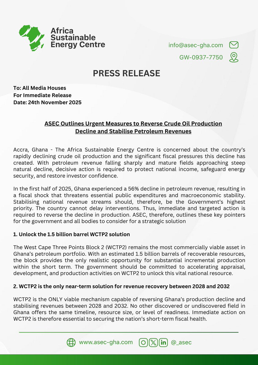 _asecgh's tweet image. ‼️Press Release‼️

ASEC outlines urgent measures to reverse Ghana’s crude oil production decline and stabilise petroleum revenues 

Full report here: asecafrica.org/s/ASECS-STRATE…

#ASEC #GhanaEnergy #OilAndGas #EnergySecurit