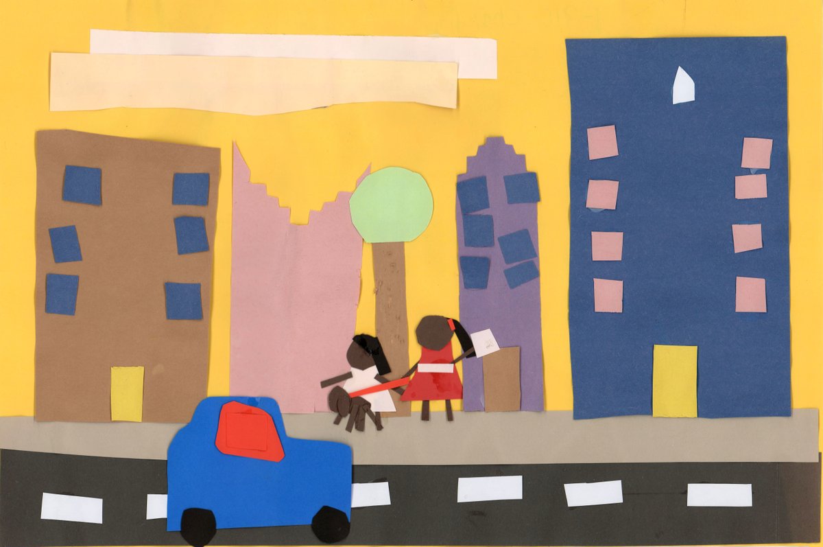 studioinaschool's tweet image. Happy Monday! Here&apos;s your reminder to take a stroll outside before it gets too cold. 🍂

This lovely collage of a dog walk in New York City, was made by first grader, Chandini K. from P.S. 133 in Brooklyn, with Studio Artist Instructor Noel Copeland.