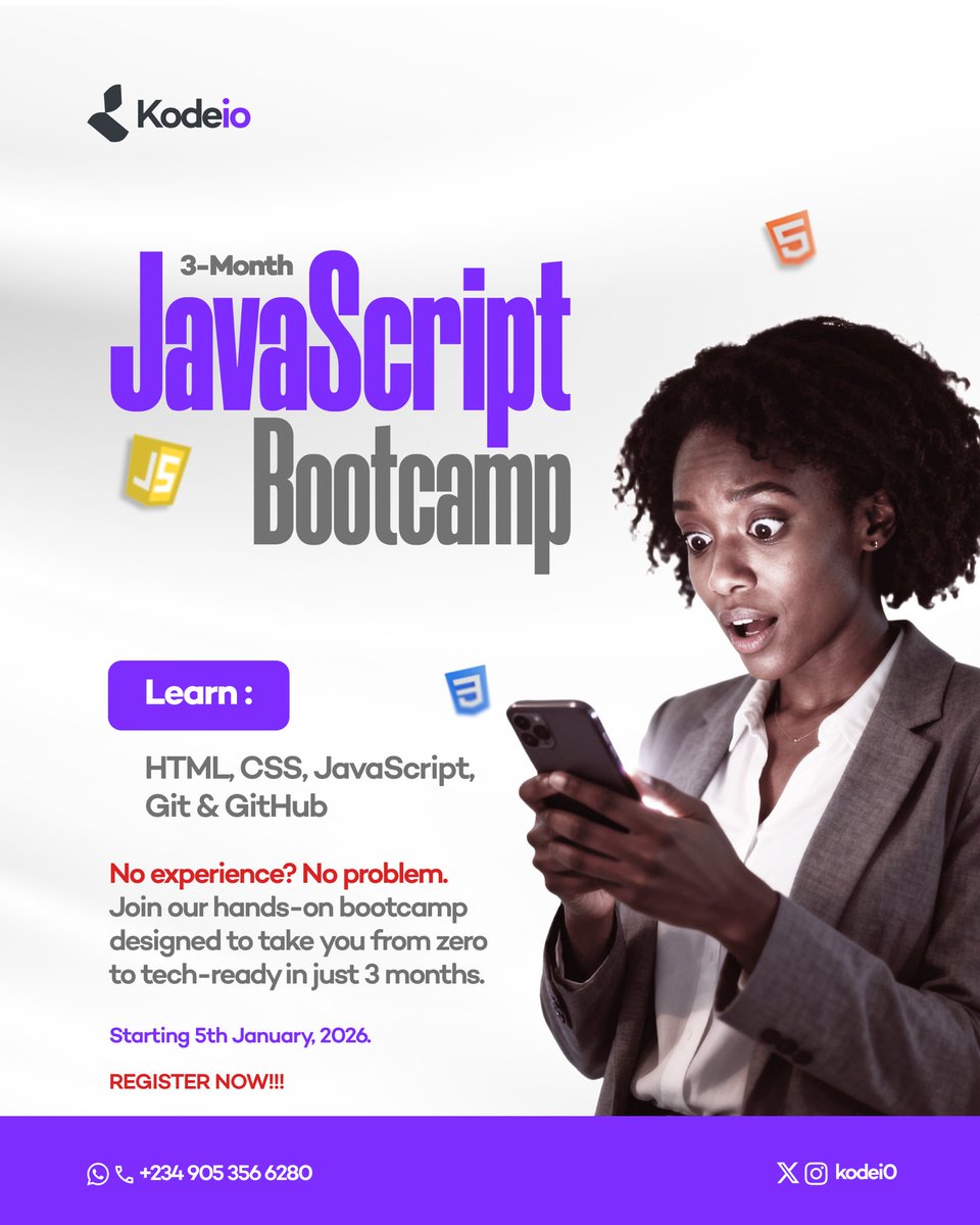 Kodei0's tweet image. Ready to learn JavaScript?

Join the Kodeio Bootcamp starting January 5th, 2026!

3 months of hands-on learning for just ₦30,000 all on Google Meet.

Payment Details: Moniepoint MFB — KODEIO TECHNOLOGIES
6472657134

Register now 
forms.gle/ocSDGpNvvPmPEv… #bootcamp #viral #coding