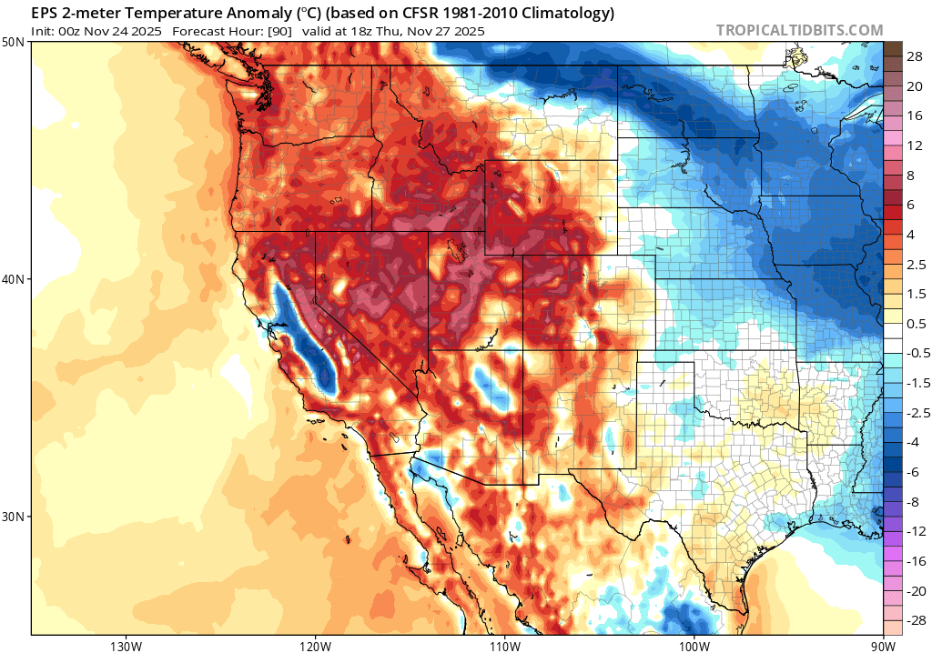Weather_West's tweet image. Following a very wet period in Southern California (even breaking some records for Nov and season-to-date precip!), dry and much warmer conditions will prevail this week. In fact, Thanksgiving will be quite mild &amp;amp; dry nearly U.S. West-wide EXCEPT for the Central Valley... #CAwx