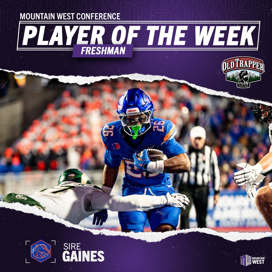 𝙁𝙧𝙚𝙨𝙝𝙢𝙖𝙣 𝙤𝙛 𝙩𝙝𝙚 𝙒𝙚𝙚𝙠 ➡️ 𝙎𝙞𝙧𝙚 𝙂𝙖𝙞𝙣𝙚𝙨
 
Gaines ran for a career-high 149 yards and two touchdowns and added a 12-yard catch for a career-best 161 all-purpose yards in Boise State’s win over Colorado State.
 
#MWFB | #BleedBlue