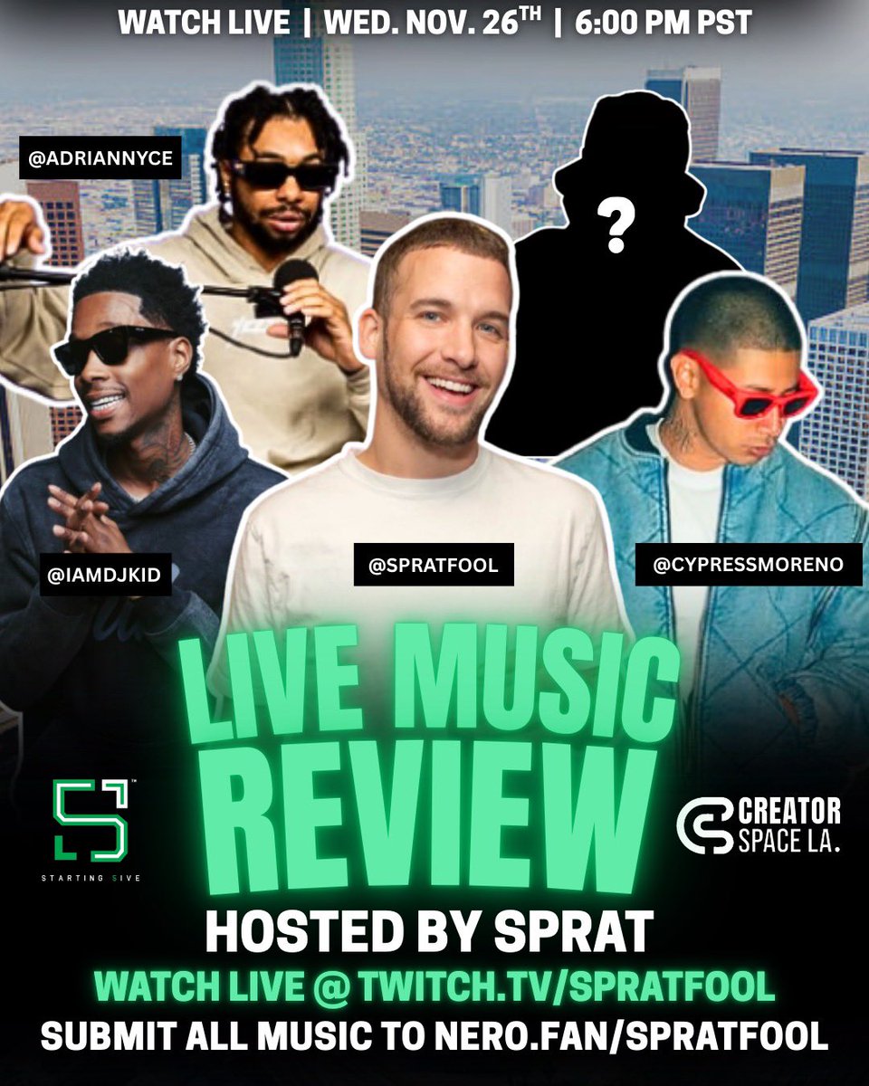 Live streaming this week, checking out all new music

With some the guys <a href="/IAMDJKID1/">Dj K.i.D</a> <a href="/CypressMoreno/">C Y P R E S S 🇸🇻🇬🇹</a> <a href="/adriannyce_/">Adrian Nyce</a> 

Submit your music 

nero.fan/spratfool/live
