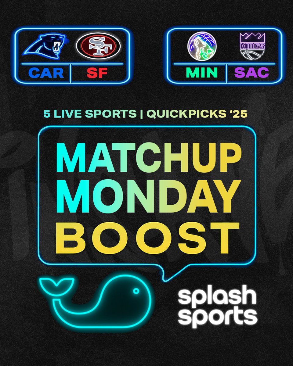splashsports's tweet photo. 🚨 MATCHUP MONDAY ALERT 🚨

49ers vs Panthers and Kings vs Timberwolves Monday night action ⚡

5 LIVE SPORTS on QuickPicks today 🔥

📲 Make your entries on QuickPicks→ link in bio

#NFL #NBA #49ers #Panthers #Kings #Timberwolves #MondayNight #MatchupMonday #QuickPicks #SplashSports