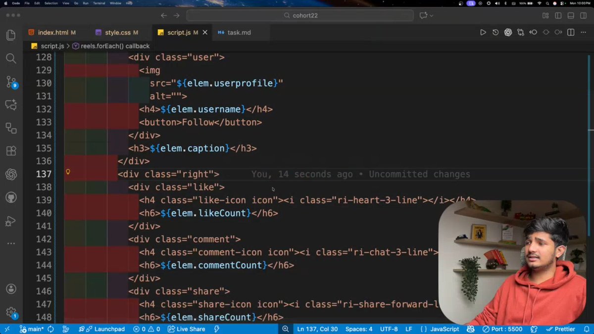 stackarnav's tweet image. 📆Day 49 Cohort 2.0 | @sheryians_
Today felt like unlocking YouTube’s logic with JavaScript 😭🔥
We learned how frontend apps actually load content using:

🎥 for loops
🎥 Array of Objects
→ building video cards the way real platforms do
Also explored:
🌀 smooth scroll snapping…