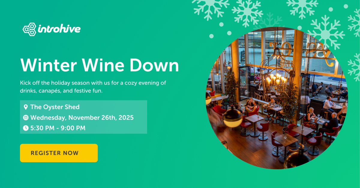 Introhive's tweet image. 🎉 Join Us for Winter Wine Down with @Introhive! 🎉 Enjoy drinks, canapés &amp;amp; festive fun! 
📍 Where: The Oyster Shed, London 
📅 When: Nov 26, 2025 
🕔 Time: 5:30 PM - 9:00 PM 
RSVP now! 🥂 
#Introhive #festiveseason #raiseatoast