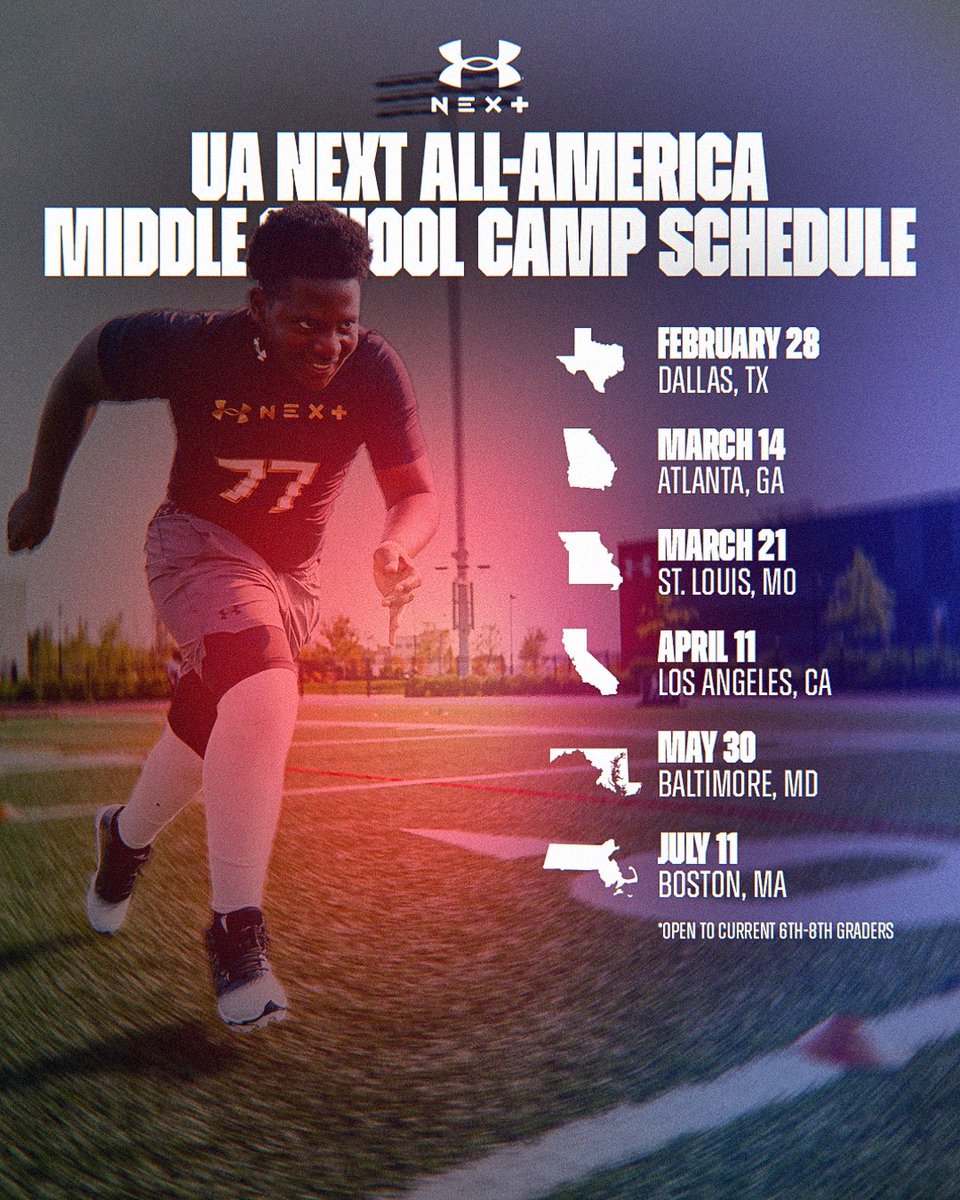 TheUCReport's tweet image. We’re locked in to find out who the best middle school athletes are in the country in 2026 👀

Check out the full UA Next All-America Middle School Camp Series schedule 💪

Registration goes live December 1st #UANext 

More info: ua.ucfootballcamps.com/page/ua-next-m…