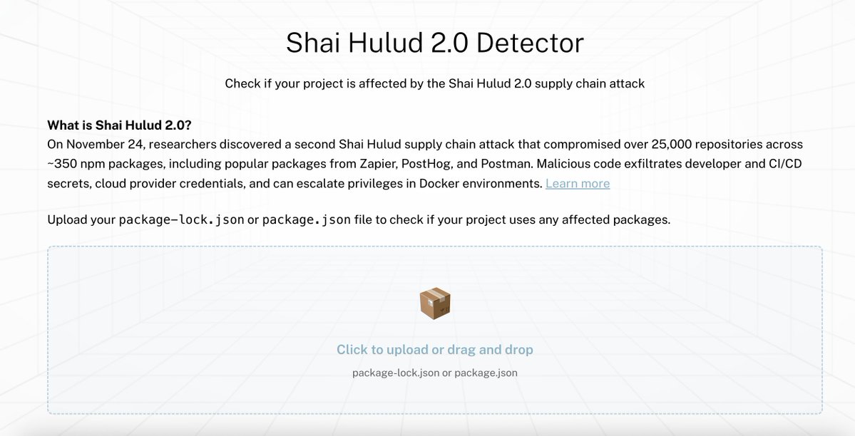 🚨 I made a simple tool to check if you're affected by the latest NPM worm.

The Shai Hulud NPM worm is back, infecting over 27,000 GitHub repos and big name packages from Zapier, Posthog, Postman and others.

Are you vulnerable? Check here: corridor.dev/shai-check