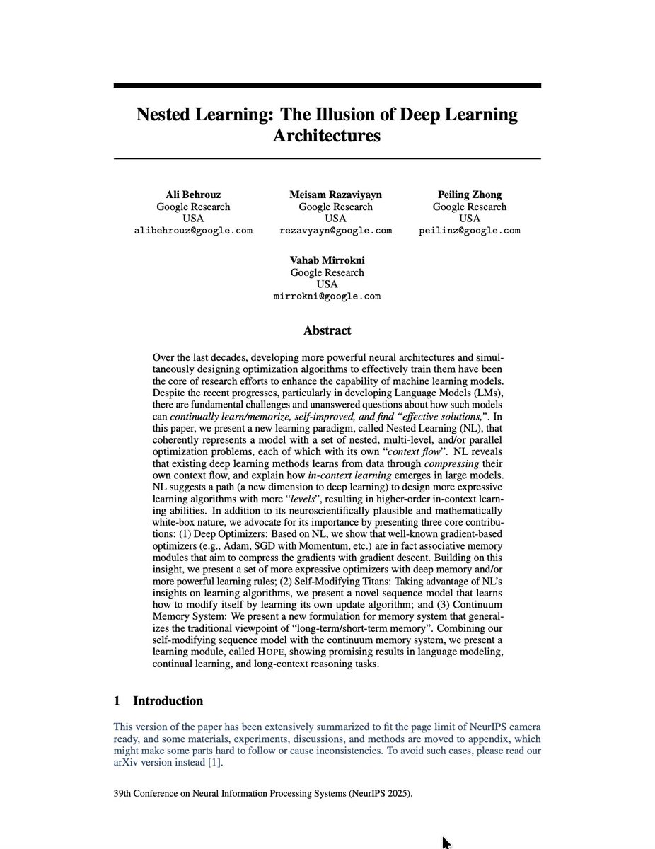ceobillionaire's tweet image. Nested Learning: The Illusion of Deep Learning Architectures

Behrouz et al.: openreview.net/forum?id=nbMeR…

#ArtificialIntelligence #DeepLearning #MachineLearning