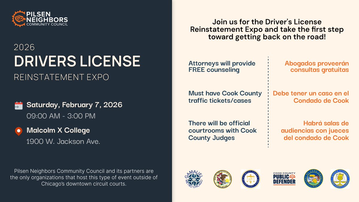 pilsenneighbors's tweet photo. Registration is NOW OPEN for the next Driver's License Reinstatement Expo! 🚗

Saturday, February 7, 2026 at Malcolm X College

✅ Take the next step toward getting back on the road
💻 Explore our new DLRE service portal.

🔗 Register now: https://t.co/oQXvKa0ulU https://t.co/27BIY0MVuP