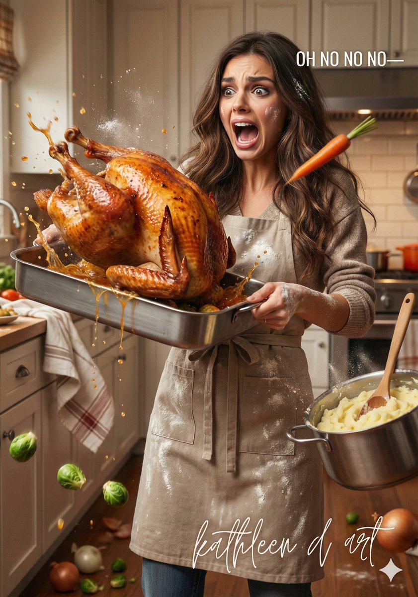kathae909's tweet image. “I swear this bird LEAPED.” 😭🦃💥
#ThanksgivingFail #KitchenChaos #TurkeyDisaster #HolidayLaughs #kathleendart