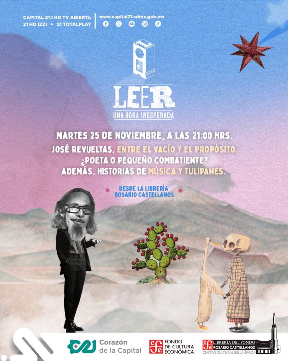 ¡Imperdible el próximo #LeerUnaHoraInesperada!
Explora el universo de José Revueltas "Entre el vacío y el propósito" 
Acompáñanos también para hablar de música y tulipanes 🌷🎶
Te esperamos este martes #EnEl21 a las 21h en #LibreríaRosarioCastellanos <a href="/Capital21_Tv/">Capital 21</a>