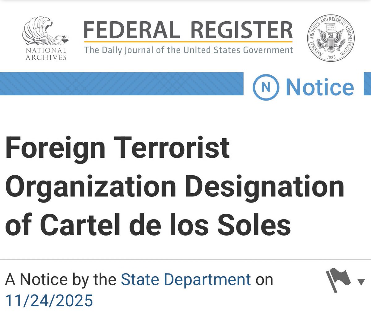BREAKING: Trump admin designates Cartel de los Soles, a drug cartel involving Venezuelan government officials, a foreign terrorist organization.
