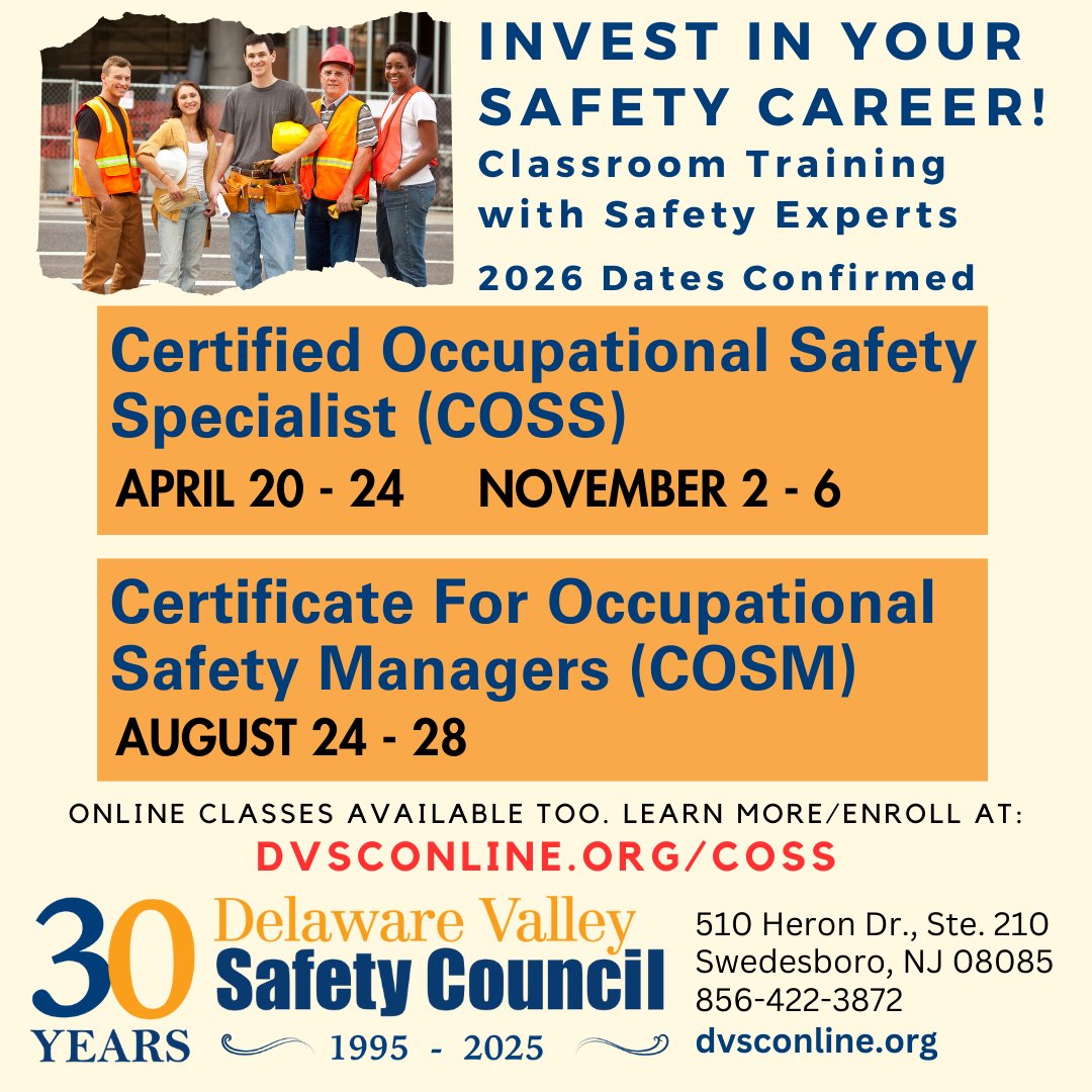 DvscAdmn's tweet image. Invest In Your Safety Career!

2026 Classroom Training Dates

Certified Occupational Safety Specialist (COSS)
4/20-4/24
11/2-11/6

Certificate for Occupational Safety Managers (COSM)
8/24-8/28

Learn more/enroll at:
dvsconline.org/coss

#COSS
#COSM
#SafetyFirst