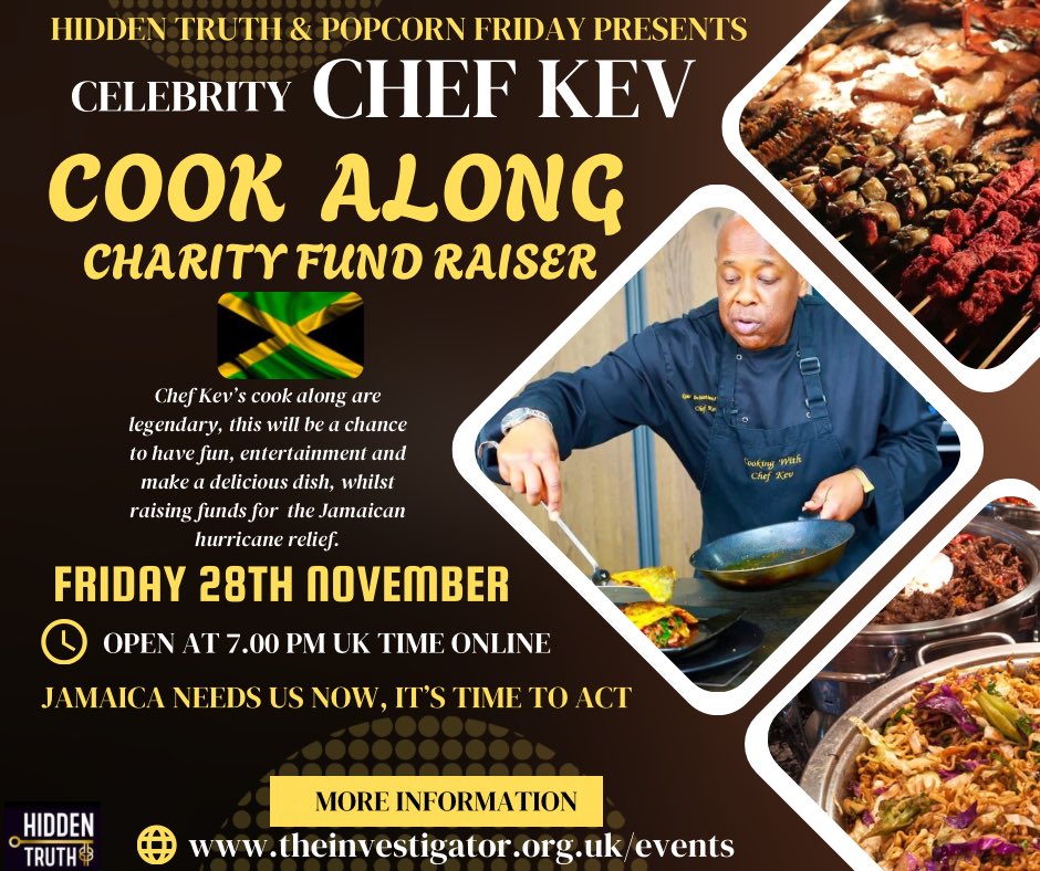 **Come join us as we cook a long or just follow as Chef Kev and Chef Dean cook and talk Jamacan food. **

Let’s do this night for Jamaica 🇯🇲 

We will go through the herbs, spices and flavours to liven up any palate. 

Join us and register at:
theinvestigator.org.uk/events