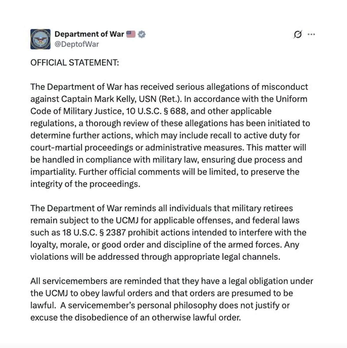 BREAKING: The <a href="/DeptofWar/">Department of War 🇺🇸</a> considering recalling Sen. Mark Kelly (D) to active duty for COURT-MARTIAL proceedings after he encouraged US troops to DEFY orders from Trump and Hegseth.

This is HUGE