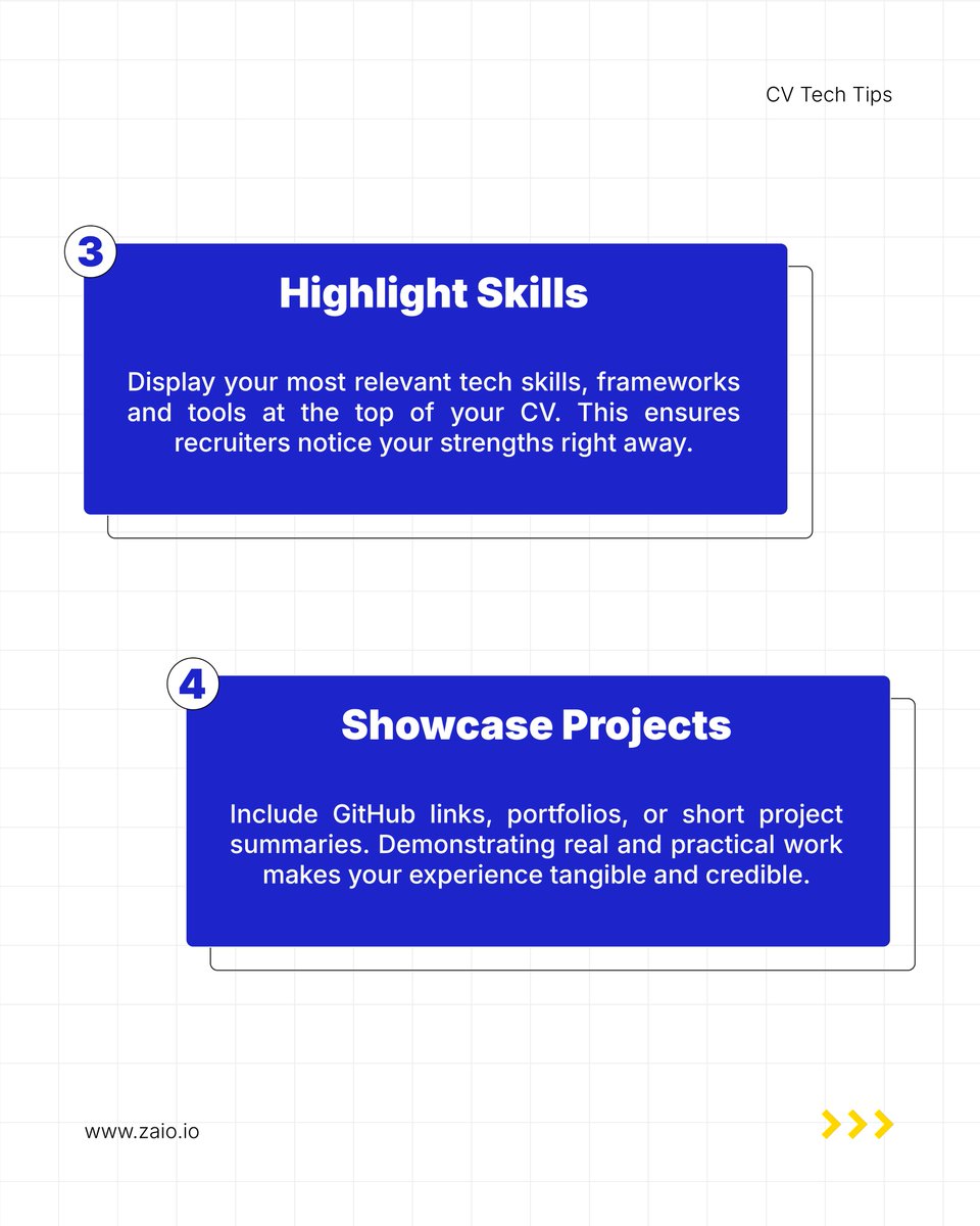 zaiotech's tweet image. Level up your tech CV with simple changes that help you stand out. 🚀
Small improvements → big impact.

Swipe the carousel for quick tips to get noticed. 👀💼

#Zaio #TechCV #CareerTips #TechCareers #CVTips #JobSearch #TechSkills