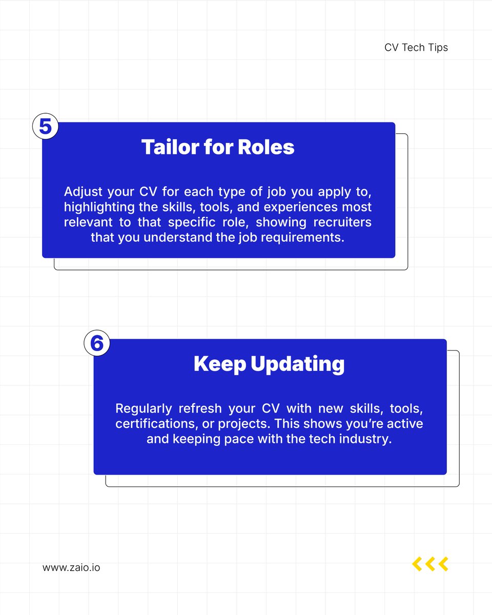 zaiotech's tweet image. Level up your tech CV with simple changes that help you stand out. 🚀
Small improvements → big impact.

Swipe the carousel for quick tips to get noticed. 👀💼

#Zaio #TechCV #CareerTips #TechCareers #CVTips #JobSearch #TechSkills