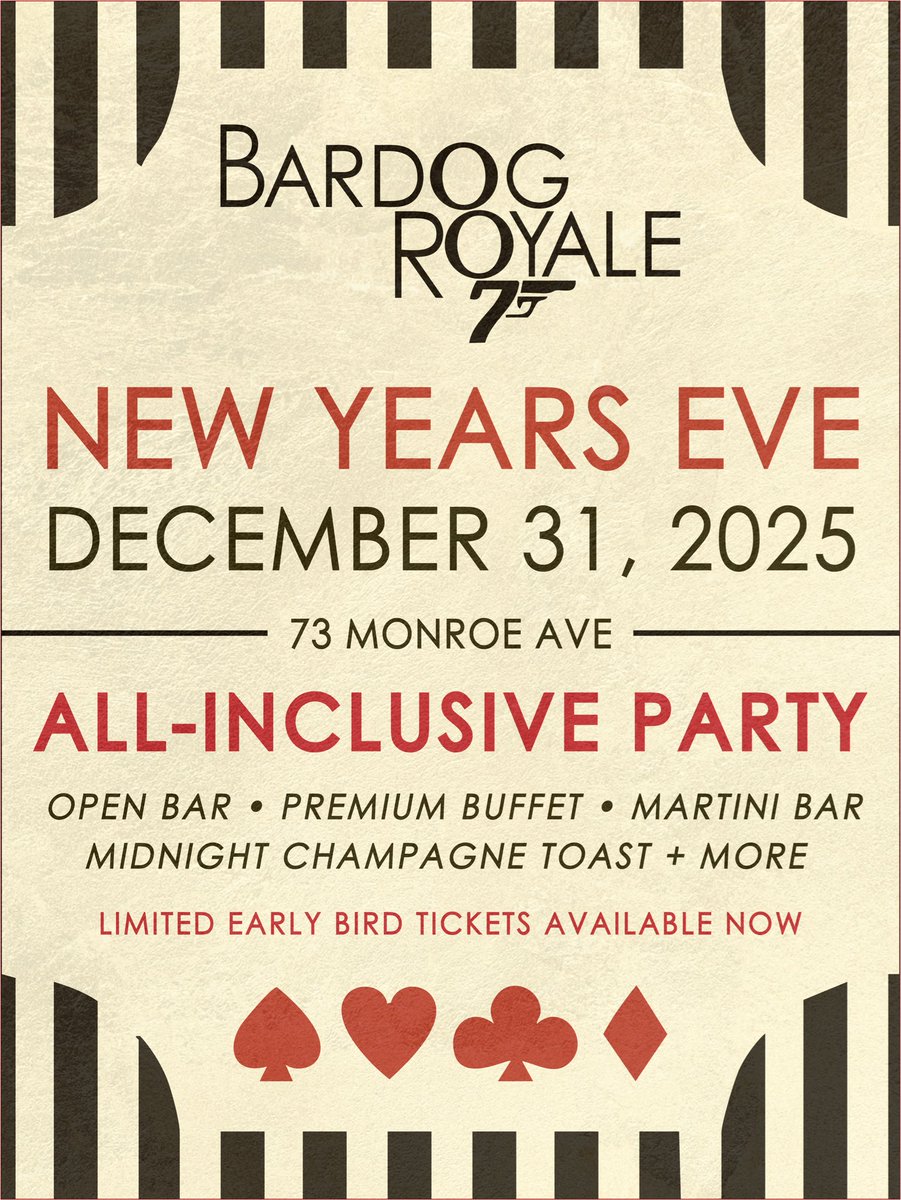 🚨 BARDOG NYE 2026 TIX ON SALE 🚨

Join us to ring in the new year with all-inclusive, high-stakes fun🕴️

🗓️ Wednesday, Dec. 31 • 7:30 PM
🍻 Open bar
🍽️ Premium buffet
🍸 Martini bar
🥂 Midnight champagne toast + more

eventbrite.com/e/bardog-taver…