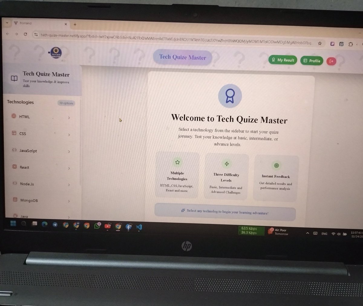 mr9asif's tweet image. Almost finished building my #TechQuiz app for a college project. I followed a YouTube guide for most parts, but I built the entire profile feature myself. Step by step, learning and improving every day! 💻🚀

#technology #MERN #developer #Project2025