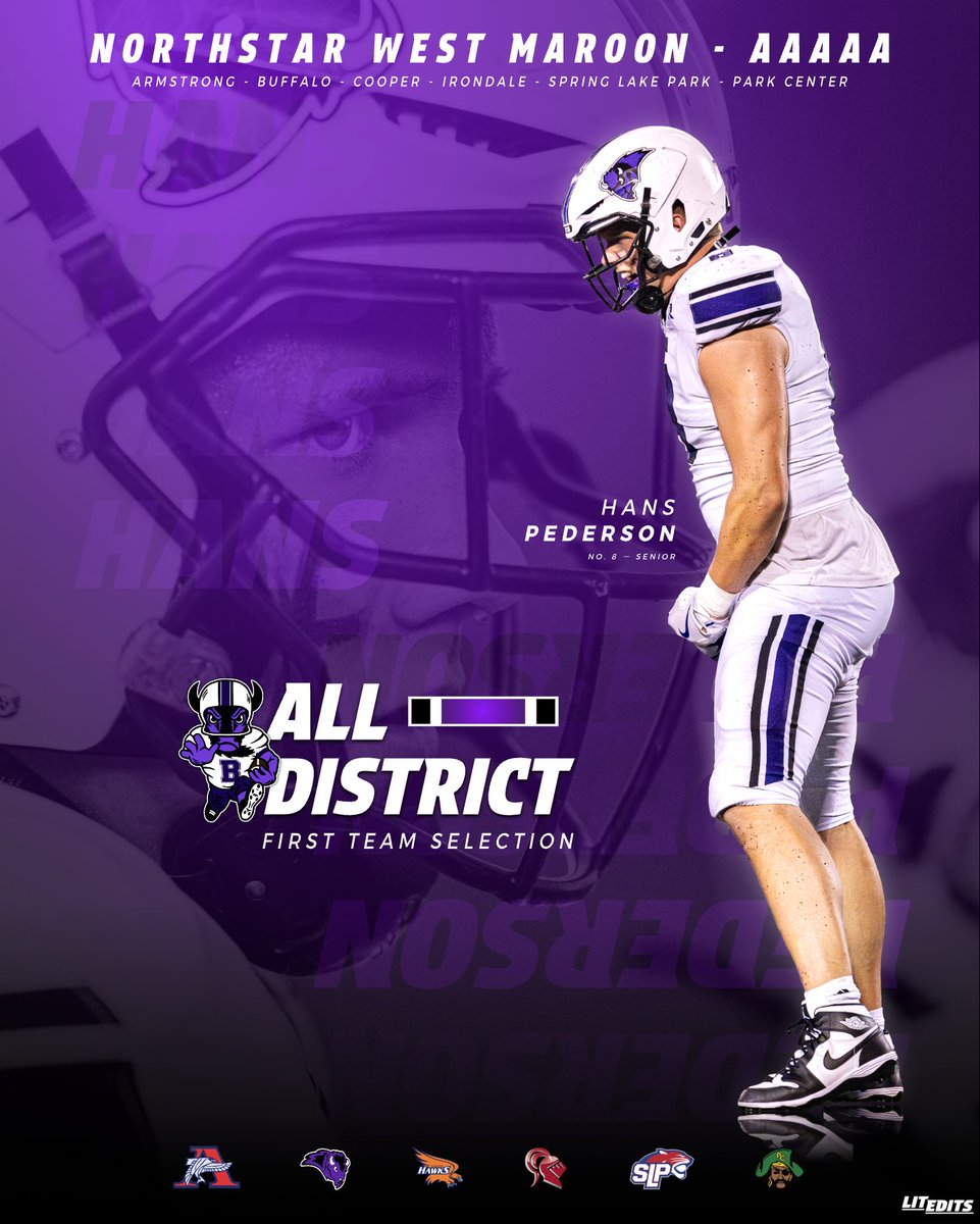 First Team All-District

≫ Hans Pederson (SR)

**Hans is a 3-time 1st Team All-District selection.

#𝗔𝟙𝟙𝗜𝗡 🦬🏈