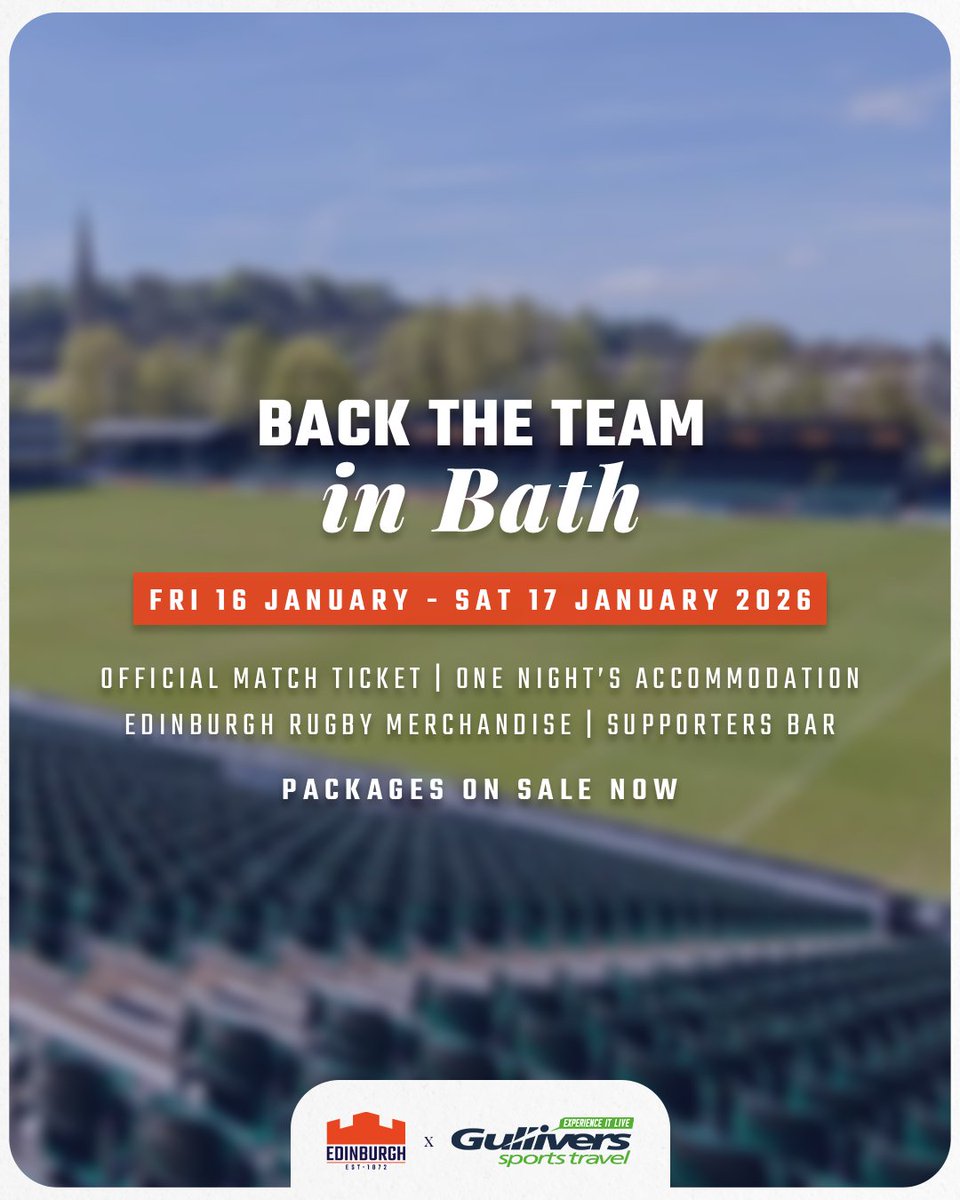 EdinburghRugby's tweet photo. Two incredible @GulliversTravel trips this January - but time is running out ⏰

🇮🇹 Treviso - Hotel rooms are being held until next Friday, don't miss out!
🛁 Bath - Match tickets are being held until this Friday, join us at The Rec!

Book today➡️ https://t.co/Y4hsm0NyAa https://t.co/5TKxb01Tl4