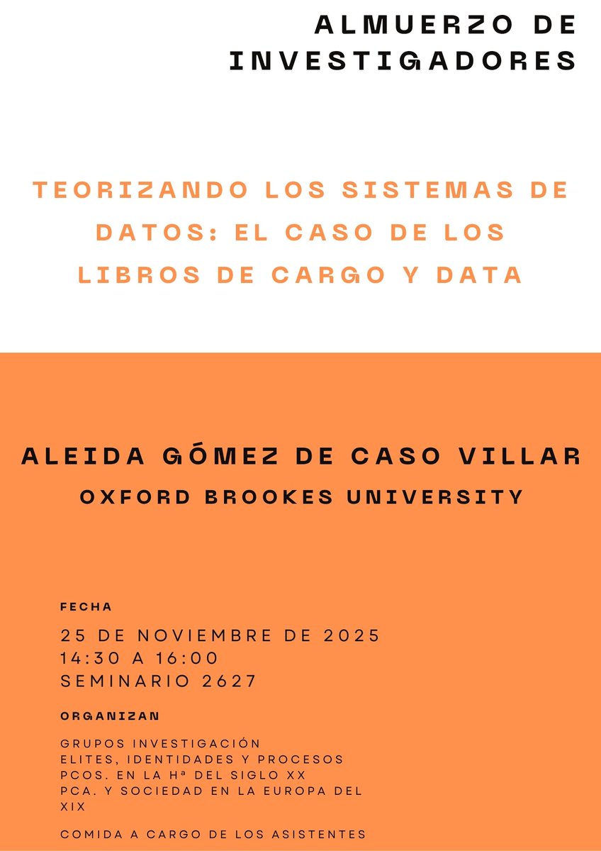 Mañana, nueva sesión del Almuerzo de Investigadores en la Facultad de Políticas <a href="/unicomplutense/">Complutense</a>. Aleida Gómez (Oxford Brookes) presenta "Teorizando los sistemas de datos: el caso de los libros de Cargo y Data". A las 14.30, veníos.