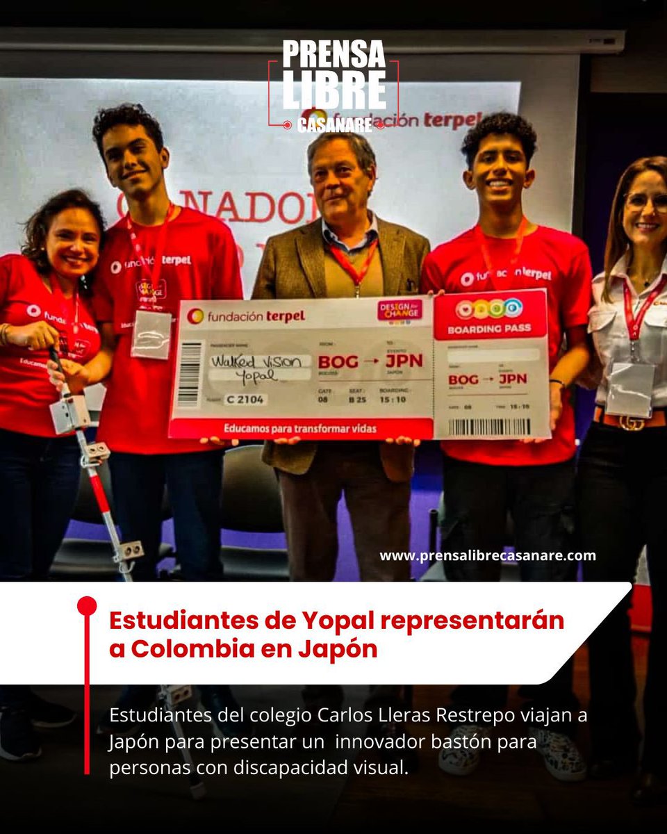 Prensalibcasan's tweet image. Estudiantes del colegio Carlos Lleras Restrepo (#Yopal) viajan rumbo a #Japón 🇯🇵 para presentar “Walked Vision”, un bastón creado para apoyar a personas con discapacidad visual, ganador del reto Diseña el Cambio 2024 de @FundacionTerpel.
Orgullo para la educación pública de…
