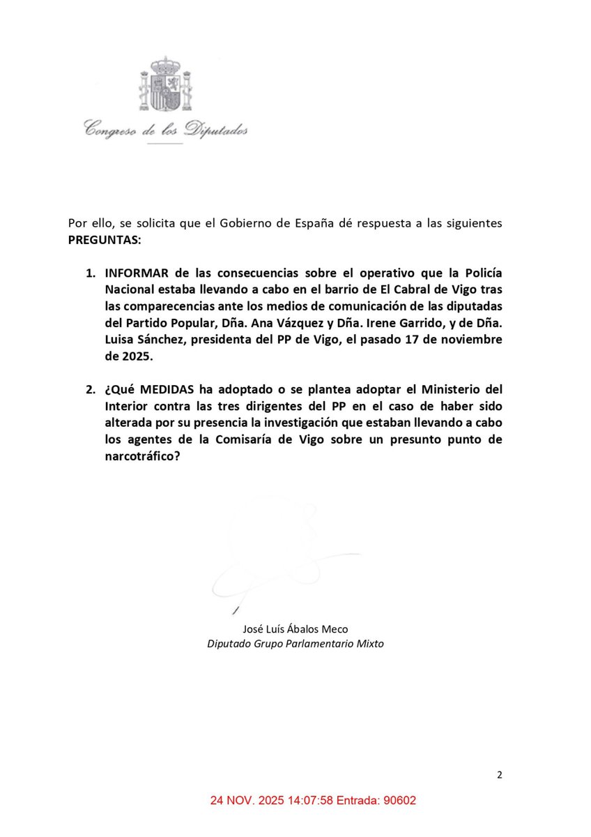 🔴 La segunda pregunta registrada surge tras el cuestionamiento por el subdelegado del Gobierno en Pontevedra de la visita al barrio del Cabral de Vigo el pasado 17 de noviembre de las diputadas del Partido Popular, Ana Vázquez e Irene Garrido, junto a la presidenta del PP de