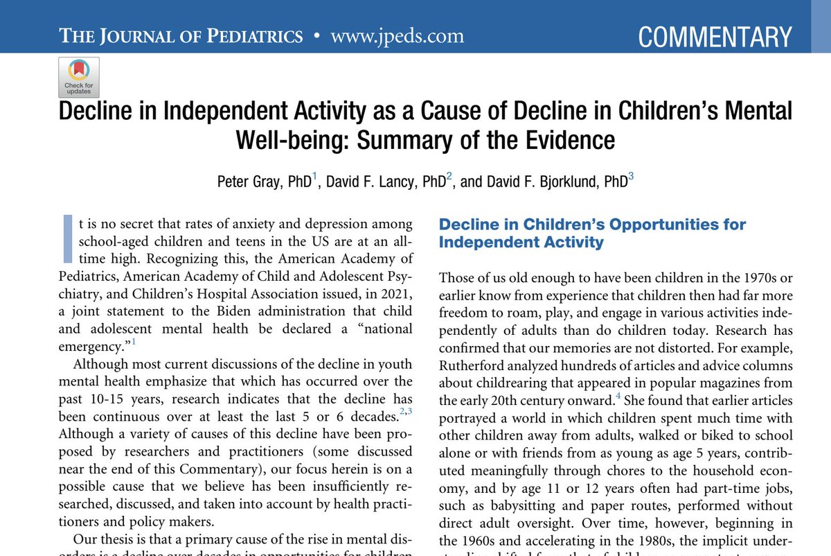 stevemagness's tweet image. In a ​new paper​, researchers argue that:

“a primary cause of the rise in mental  disorders [in youth] is a decline over decades in opportunities for  children and teens to play, roam, and engage in other activities  independent of direct oversight and control by adults.”