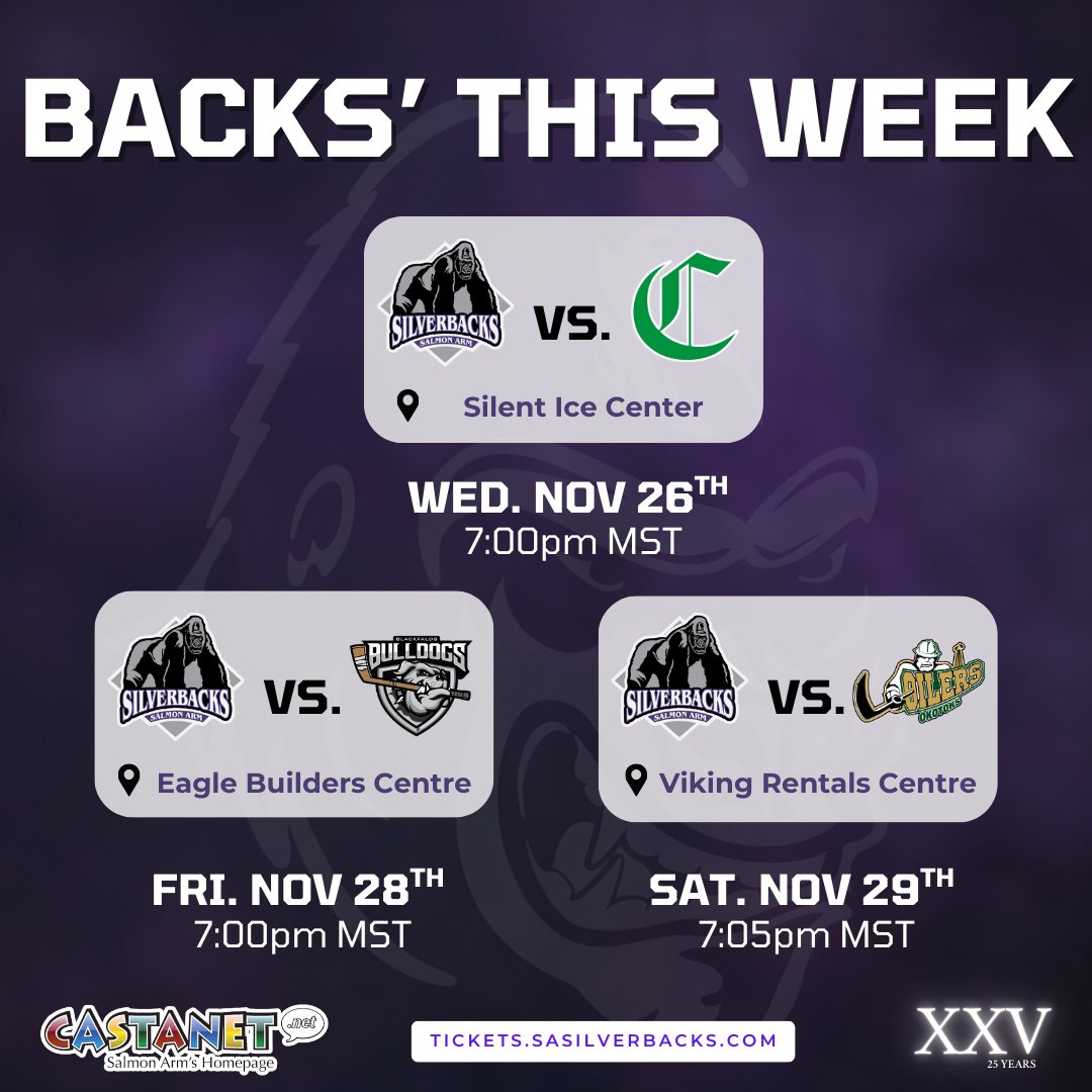 SASilverbacks's tweet image. BACKS THIS WEEK! 🦍

Playing the Sherwood Park Crusaders on Wednesday at 7:00 p.m. MST.

Then taking on the Blackfalds Bulldogs on Friday at 7:00 p.m. MST.

Finishing up the weekend against the Okotoks Oilers on Saturday at 7:05 p.m. MST.

All games can be found on Flo Hockey!