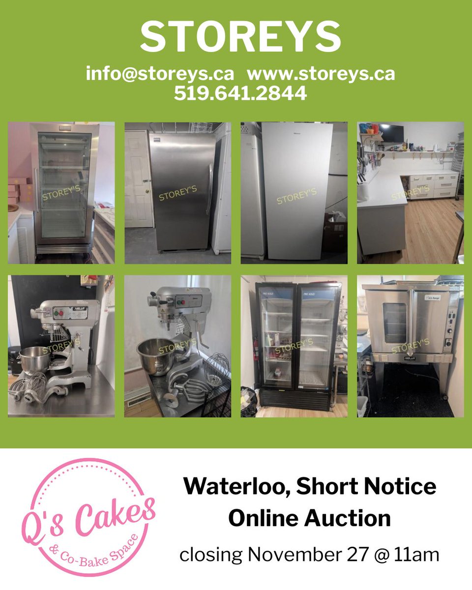 Q's Cake Shop Short Notice Auction

Link: storeys.hibid.com/catalog/696969…

When: Thurs Nov 28 @ 11am
Location: 7 Peppler St, Waterloo ON
Preview: Mon Nov 24 from 12noon - 2pm
Removal: One Day Only !
Fri Nov 29 from 12:30 - 4pm