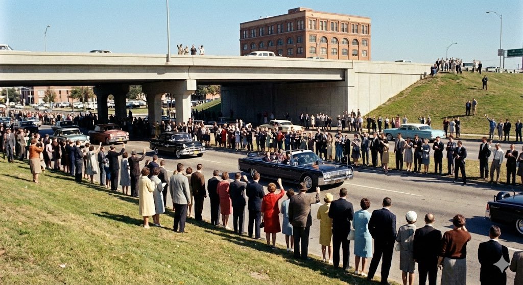 alex_prompter's tweet image. Create an image at 32°46′43″N 96°48′31″W / 32.77861°N 96.80861°W on November 22, 1963 CE, 12:30 hours.