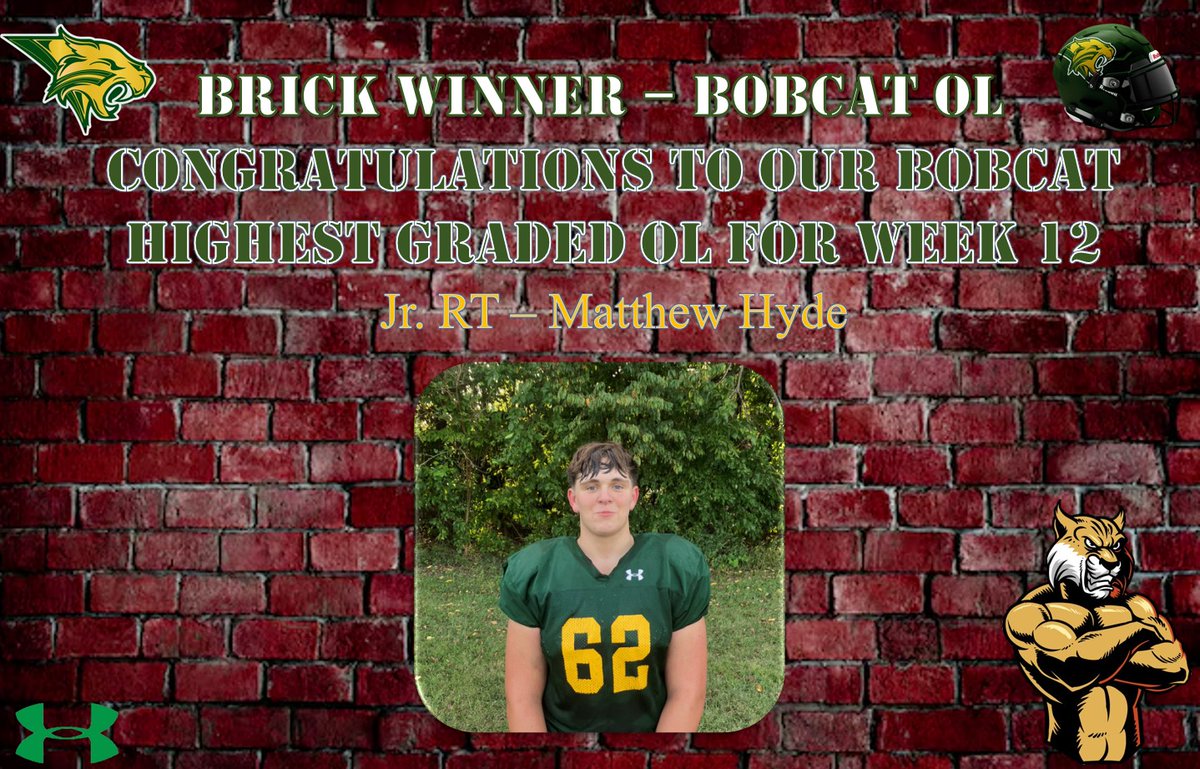 Congratulations to this week Brick Winner to our highest graded OL from Friday's Sub-State Championship win over St. James; Jr. RT Matthew Hyde! #HTF #NastyBoys #OneVision