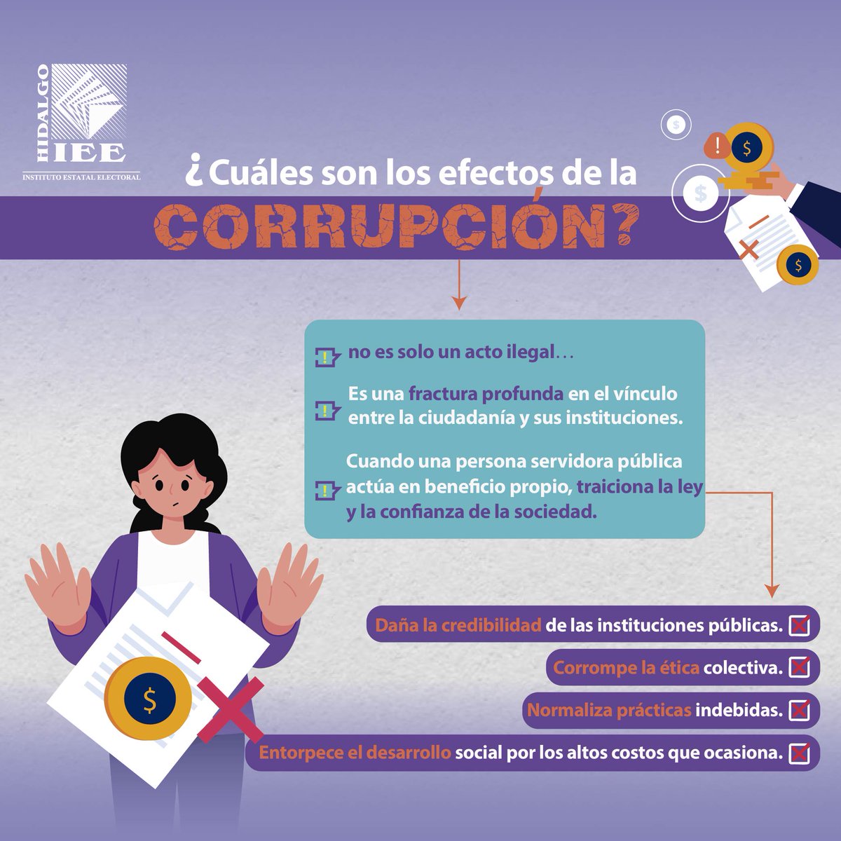 IEEHidalgo's tweet image. 🖐️🚫 || Una de las principales cualidades que deben tener las personas en el servicio público es la integridad, es decir, actuar con ética, de forma honesta y con responsabilidad en el ejercicio de sus funciones, al hacerlo correctamente, promueven el combate a la corrupción.…