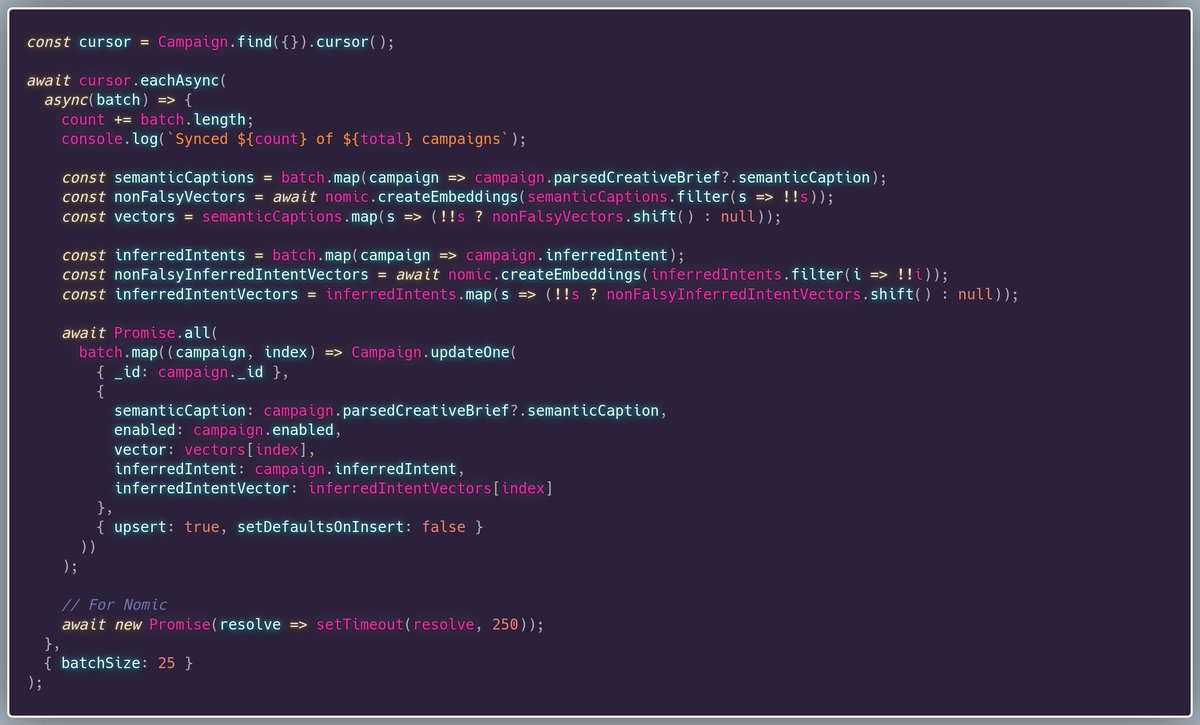 mongoosejs's tweet image. Need to handle large data sets with batches?

Mongoose cursors&apos; `eachAsync()` function supports a `batchSize` option. That tells Mongoose to call your eachAsync callback with batches of up to batchSize docs