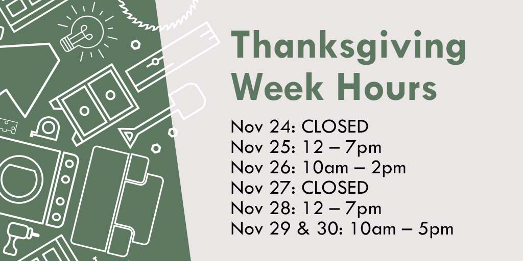 Happy Thanksgiving! 🍂 Adjusted holiday hours this week:

Nov 24: CLOSED
Nov 25: 12 – 7pm
Nov 26: 10am – 2pm
Nov 27: CLOSED
Nov 28: 12 – 7pm
Nov 29 &amp; 30: 10am – 5pm

Visit us on Nov 29 for our Small Business Saturday pop-up shop and art market! communityforklift.org/events/
