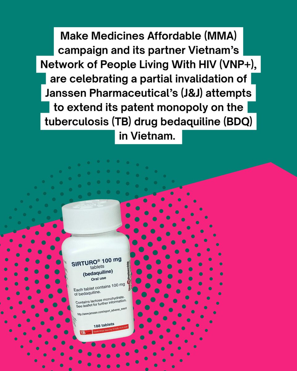 ITPCglobal's tweet image. Vietnam has revoked most of J&amp;amp;J’s patent claims on the TB drug bedaquiline which is a major win for affordable treatment and against patent evergreening. J&amp;amp;J has 90 days to appeal. Lives must come before profits. 

makemedicinesaffordable.org/mma-partner-ce…

#MakeMedicinesAffordable #EndTB