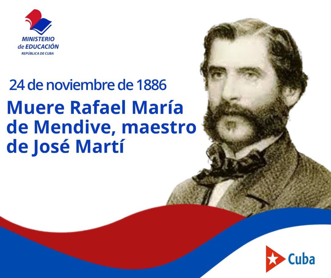 Rafael María de Mendive, poeta,maestro,ferviente patriota y defensor de la independencia de #Cuba. Fue maestro de Martí, e influyó significativamente en el desarrollo del pensamiento revolucionario del Apóstol. Abogó por el desarrollo de la cultura y la educación como bcaluartes.