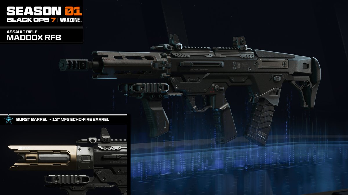CallofDuty's tweet image. Arm up! Season 01 is stacked with new weapons and gear dropping all season long.

New Weapons:
 ⚡ Kogot-7 (SMG)
 📡 Maddox RFB (Assault Rifle)
 🛡️ Sokol 545 (LMG)
 🏹 NX Ravager (Special)
 🔪 Ballistic Knife (Melee)
 🐺 Sturmwolf 45 (SMG)
 🎯 Hawker HX (Sniper Rifle)

New…