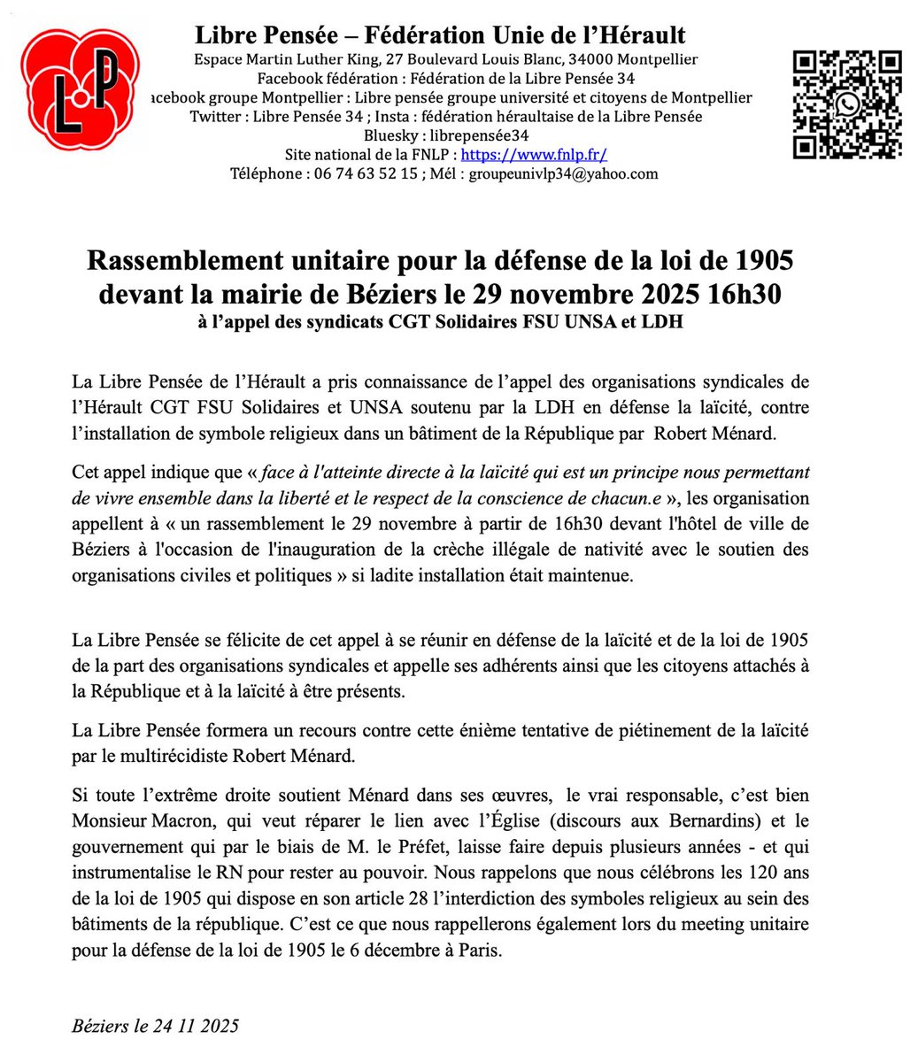 LibreGroupe's tweet image. Rassemblement unitaire le 29 novembre CGT FSU Solidaires UNSA LDH LP... contre les atteintes à la laïcité par Robert Ménard, maire d&apos;extrême droite de Béziers