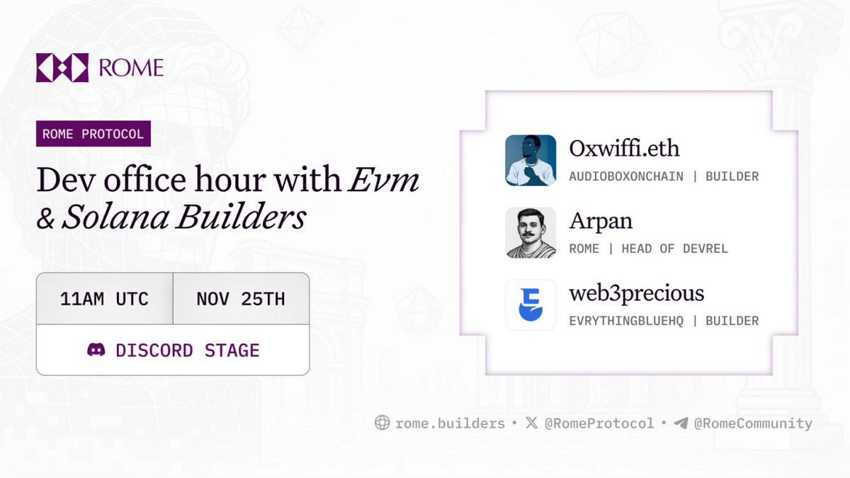 🏛 Rome Dev Office Hour

Rome is open for builders.
EVM + Solana Builders
( <a href="/audioboxonchain/">AudioBlocks</a> &amp; @web3precious)
🗓 Nov 25th
⏰ 11AM UTC
📍 Discord Stage: discord.gg/XKGs7u4XEM

Join our weekly Open Dev Forum and build live with the core team