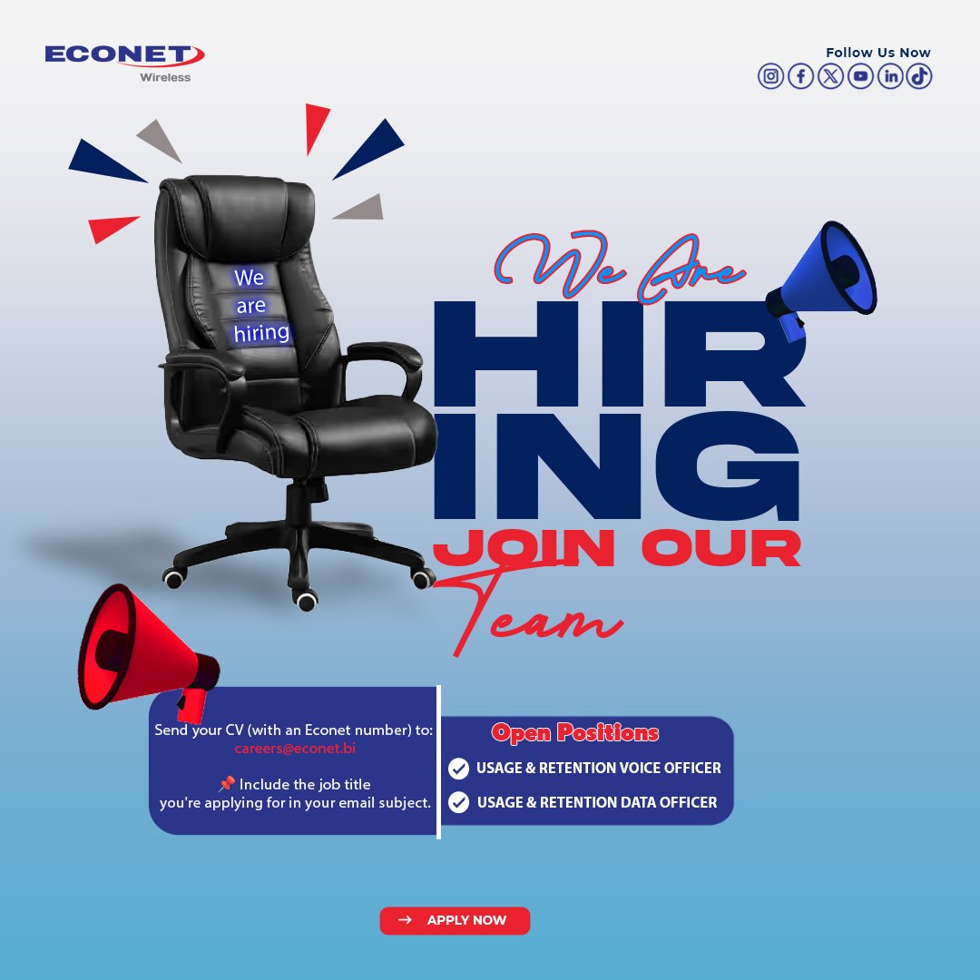 📢 NOUS RECRUTONS !

Rejoignez Econet Wireless Burundi ! 💼

Postes : Usage &amp; Retention Voice Officer et Data Officer. 📅 Date limite : 1er décembre 2025 à 17h. Pour postuler et en savoir plus, visitez notre page LinkedIn.

#EconetWirelessBurundi
#Carrières
#NousRecrutons